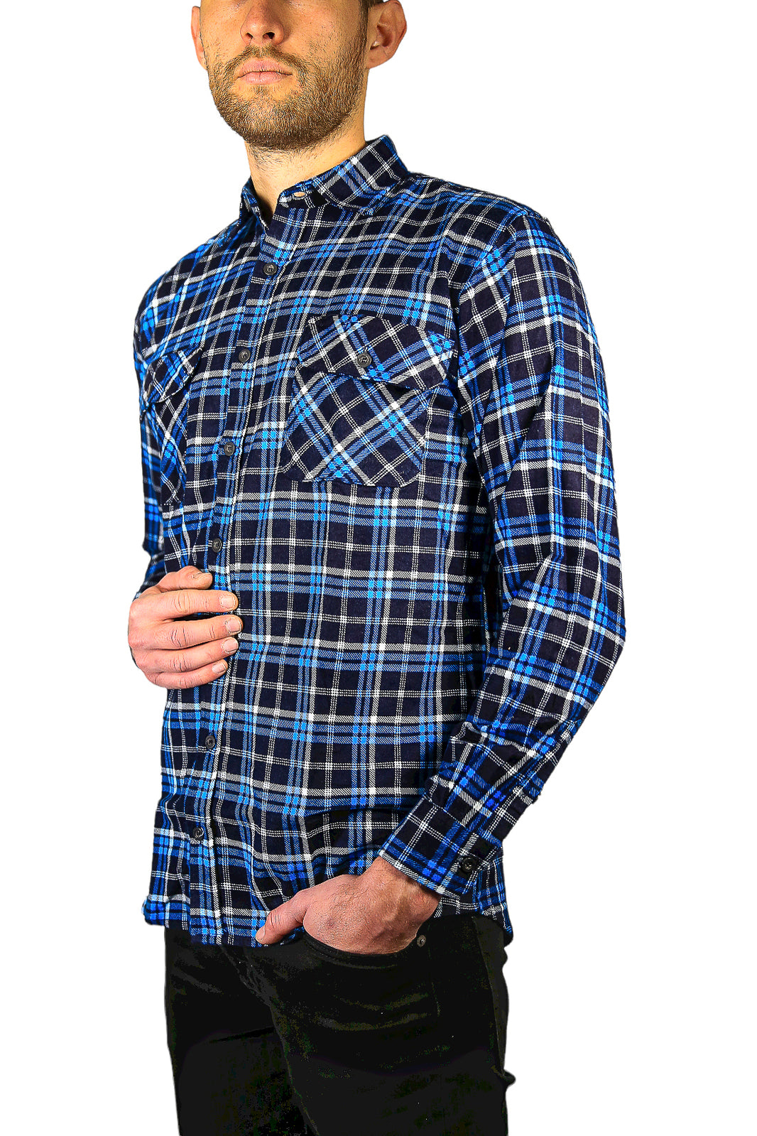 Mens Flannelette Long Sleeve Shirt 100% Cotton Check Authentic Flannel - Full Placket - Turquoise/Black