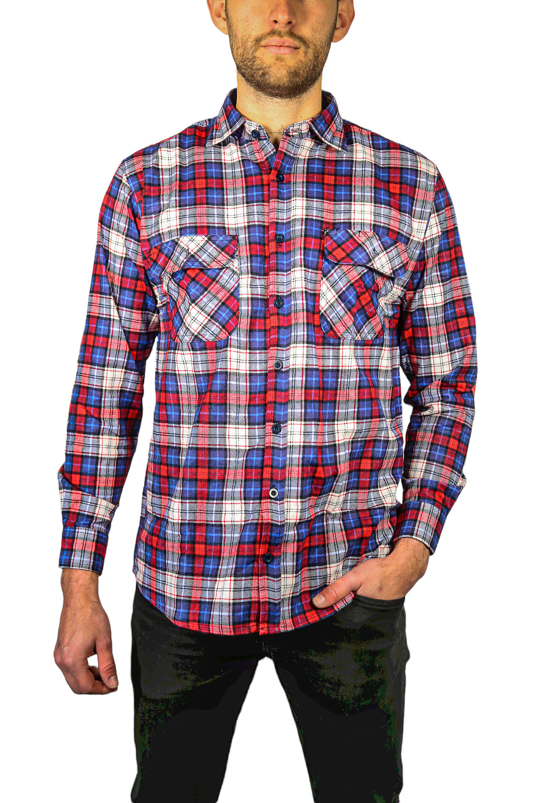 Mens Flannelette Long Sleeve Shirt 100% Cotton Check Authentic Flannel - Full Placket - Royal Blue