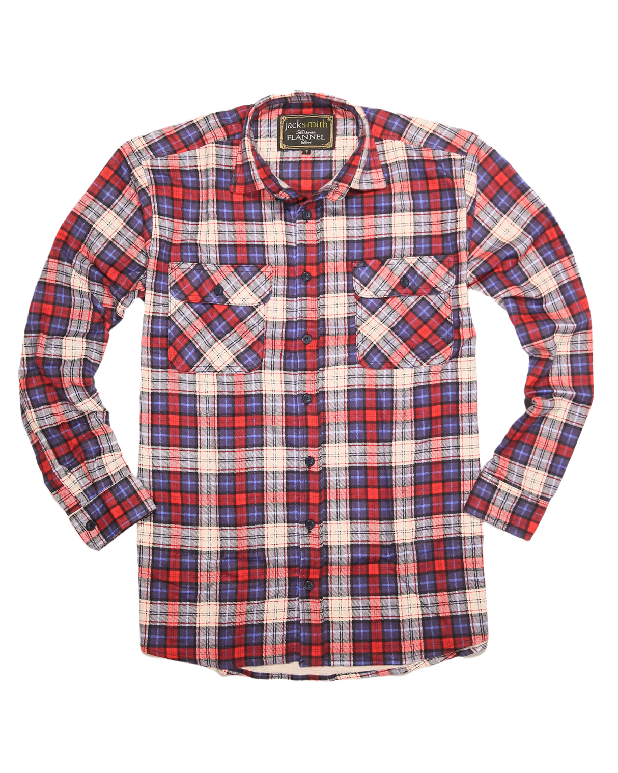 Mens Flannelette Long Sleeve Shirt 100% Cotton Check Authentic Flannel - Full Placket - Navy/Red/White