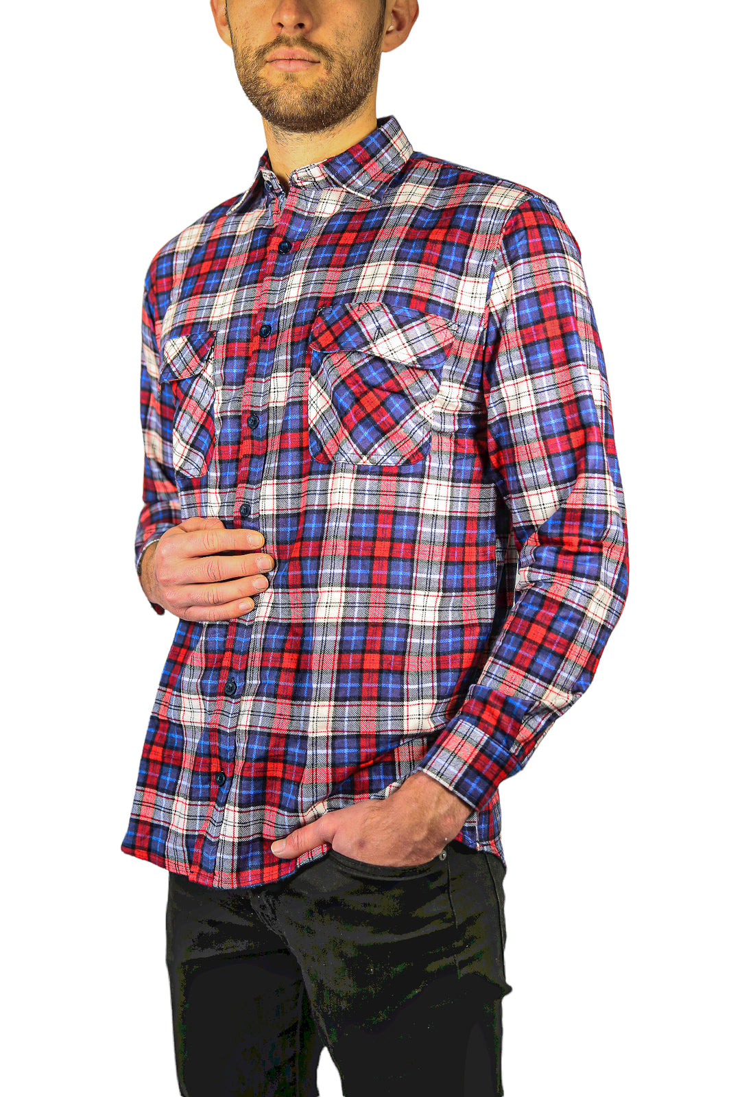 Mens Flannelette Long Sleeve Shirt 100% Cotton Check Authentic Flannel - Full Placket - Navy/Red/White