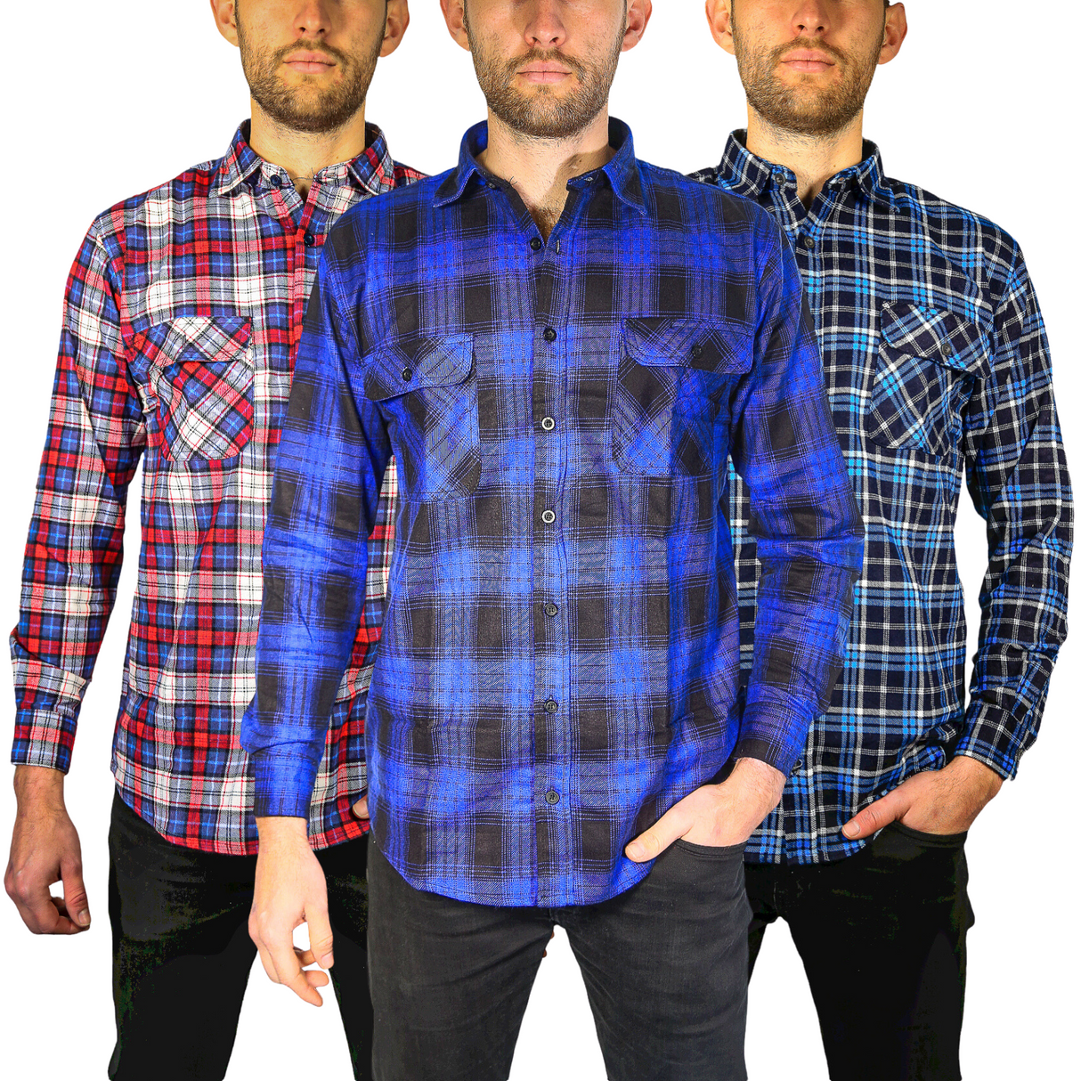 Mens Flannelette Long Sleeve Shirt 100% Cotton Check Authentic Flannel - Full Placket - Royal Blue
