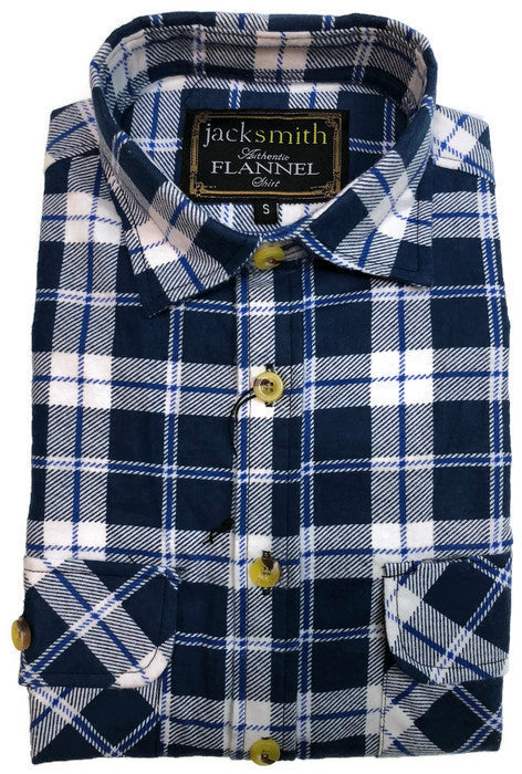 Jacksmith Mens Long Sleeve Flannel Pullover Shirt - Denim Blue/White (100% Cotton Half Button Flannelette)