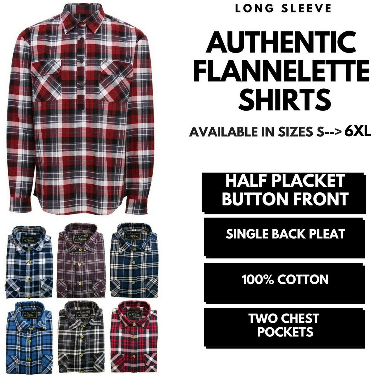 Mens Half Placket Flannelette Long Sleeve Pullover Shirt 100% Cotton Check Authentic Flannel - Burgundy