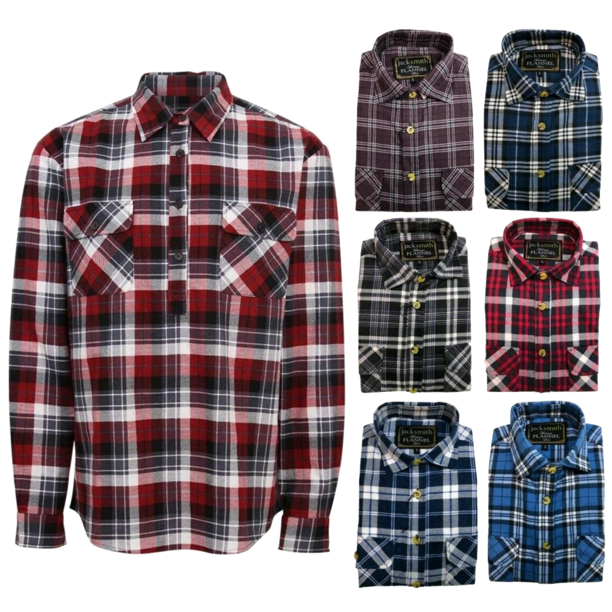 Mens Half Placket Flannelette Long Sleeve Pullover Shirt 100% Cotton Check Authentic Flannel - Black/Purple