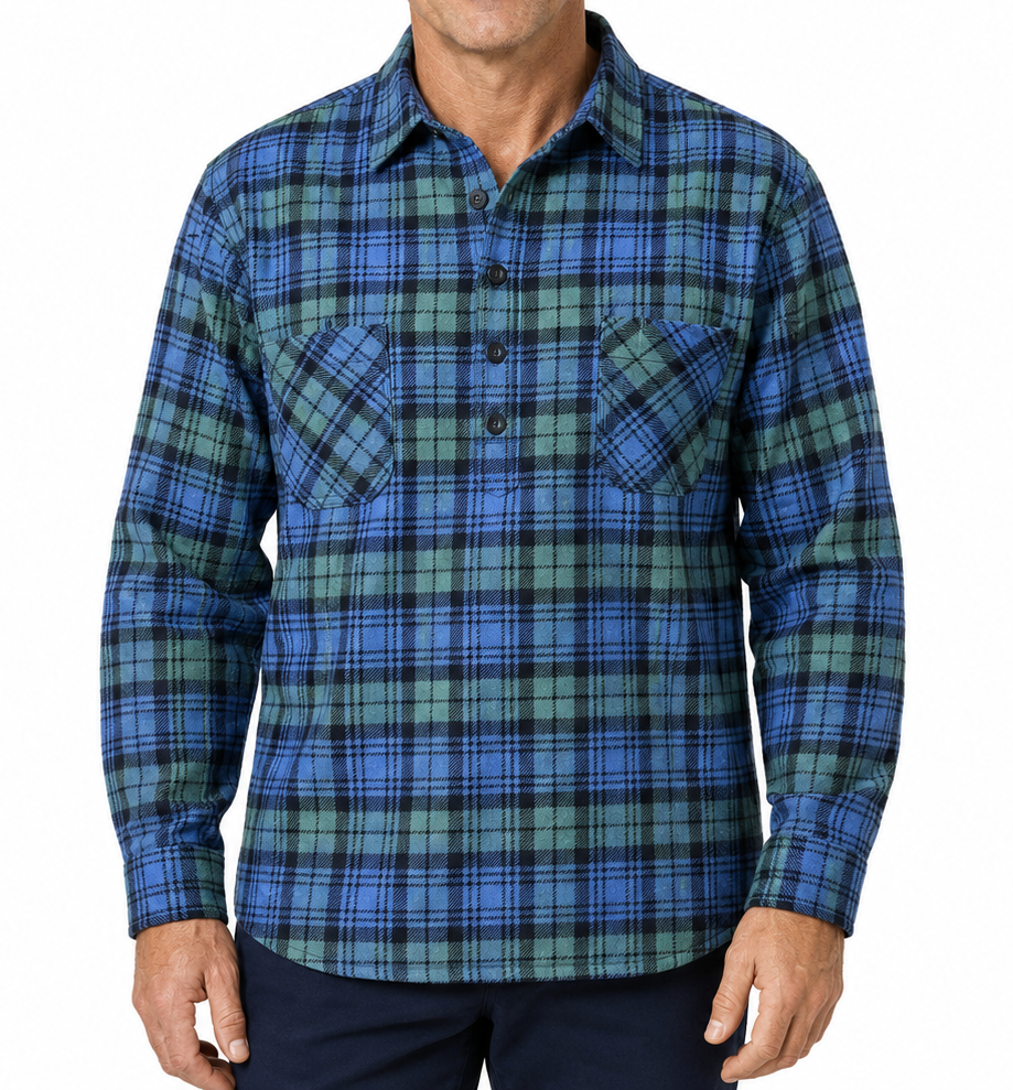 Mens Long Sleeve Flannel Pullover Shirt - Green/Purple (100% Cotton Half Button Flannelette)