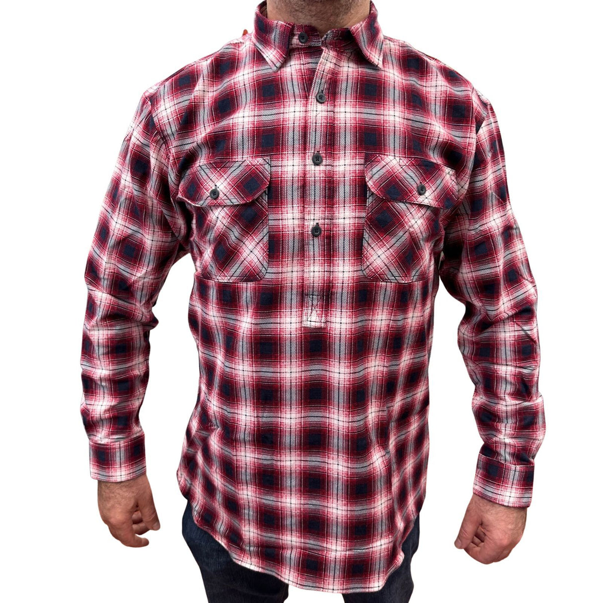 Mens Flannelette Long Sleeve Pullover Shirt 100% Cotton Flannel - Half Placket - Red/Black/White