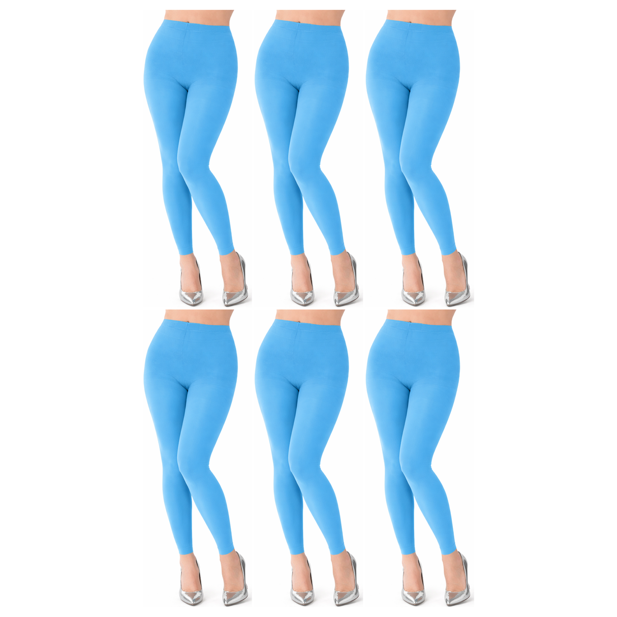 6x Womens Light Sky Blue Footless Tights Bulk Pack - Fluro Bright Stretch Polyester Hosiery (Dance/Party Costume)