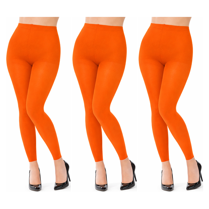 3x Womens Orange Footless Tights Bulk Pack - Fluro Bright Stretch Polyester Hosiery (Dance/Party Costume)