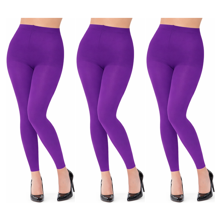 3x Womens Purple Footless Tights Bulk Pack - Fluro Bright Stretch Polyester Hosiery (Dance/Party Costume)