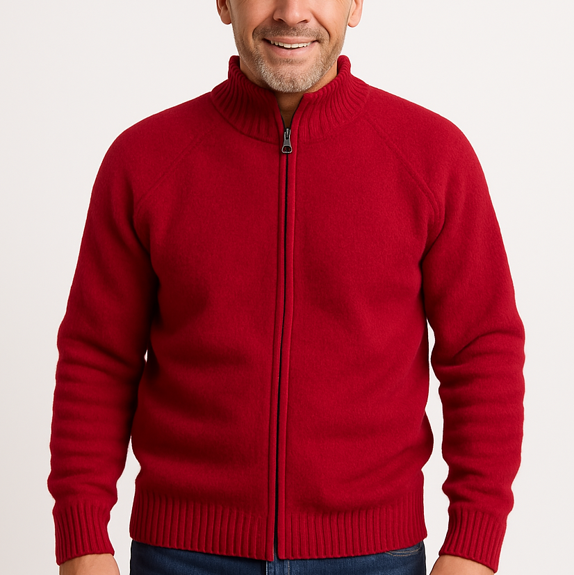 Full Zip 100% SHETLAND WOOL Up Knit JUMPER Pullover Mens Sweater Knitted - Red
