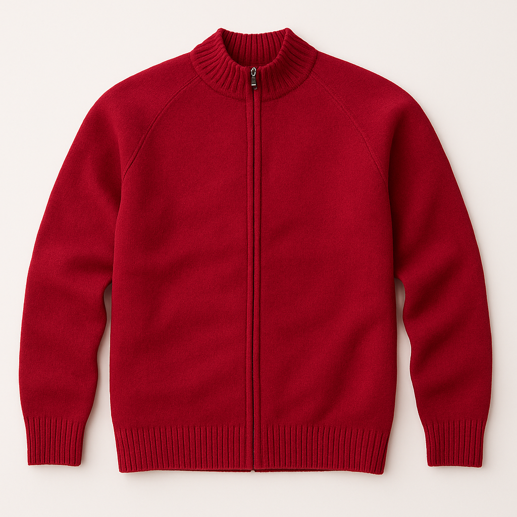 Full Zip 100% SHETLAND WOOL Up Knit JUMPER Pullover Mens Sweater Knitted - Red