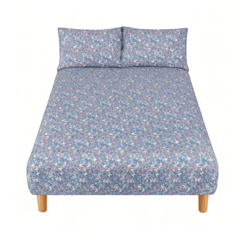 Ditsy Floral Queen Comforter Set w/ Fitted Sheet & 4 Pillow Covers - Blue/Pink (6 Piece Set)