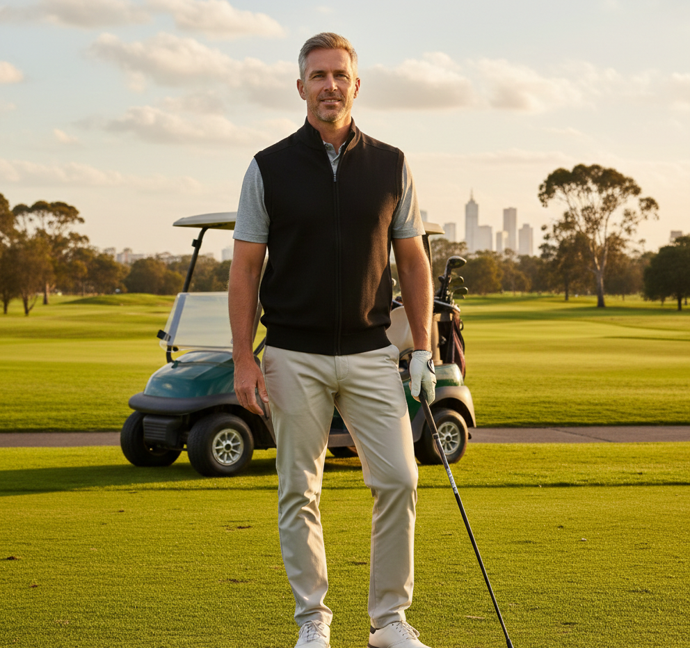 Greg Norman Mens Weatherknit Full Zip Wind Golf Vest in Black