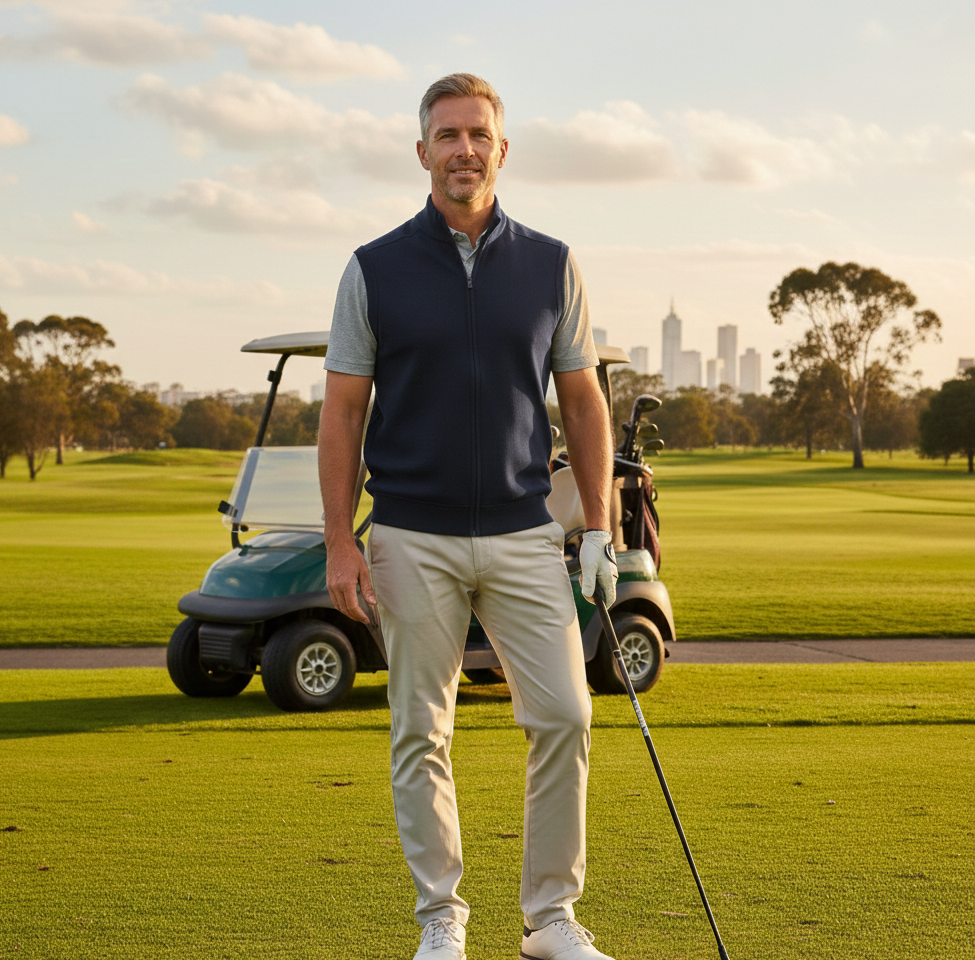 Greg Norman Mens Weatherknit Full Zip Wind Golf Vest in Navy