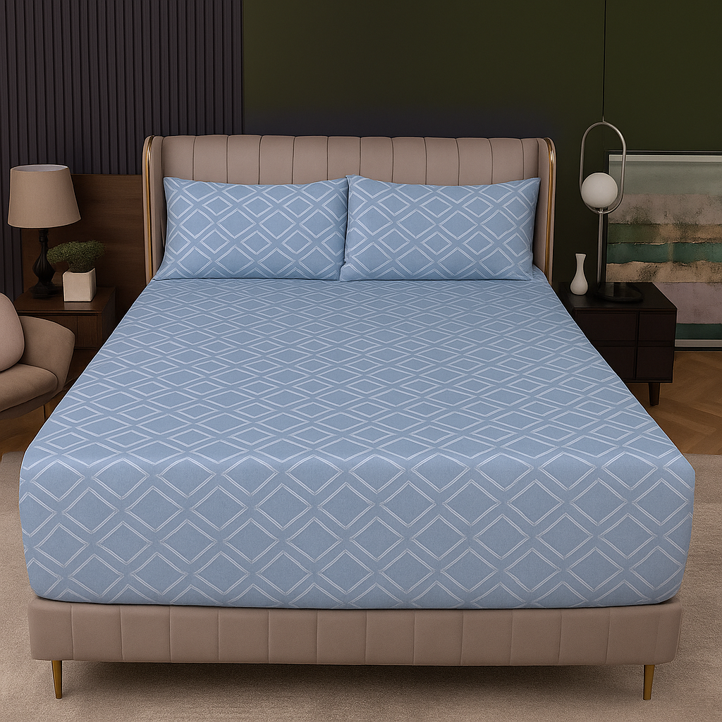 Queen Luxury 100% Cotton Flannelette Fitted Bed Sheet & 2 Pillow Case Combo Set - Geometric