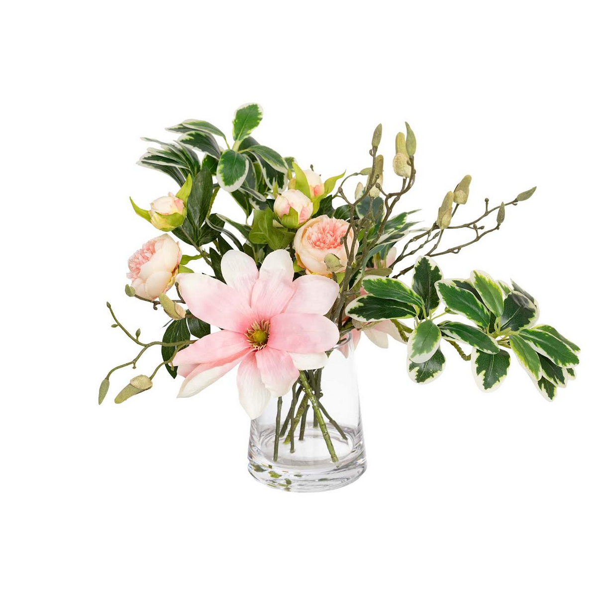 50cm Faux Magnolia Arrangement in Glass Vase - Artifical Floral Décor
