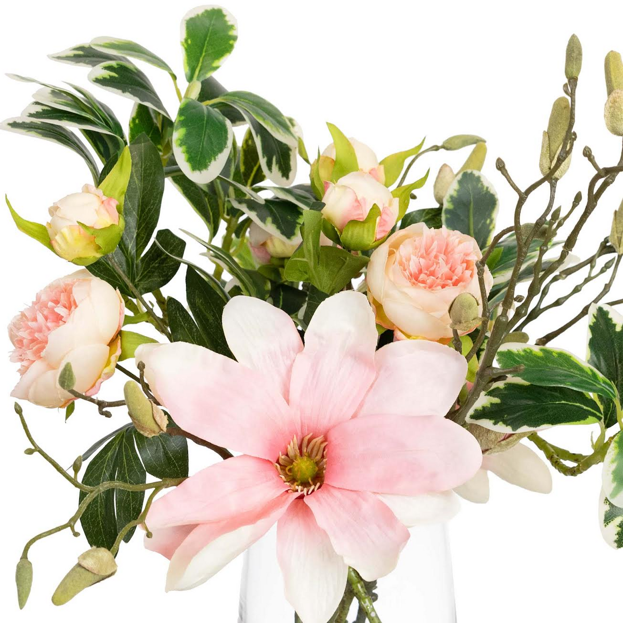 50cm Faux Magnolia Arrangement in Glass Vase - Artifical Floral Décor