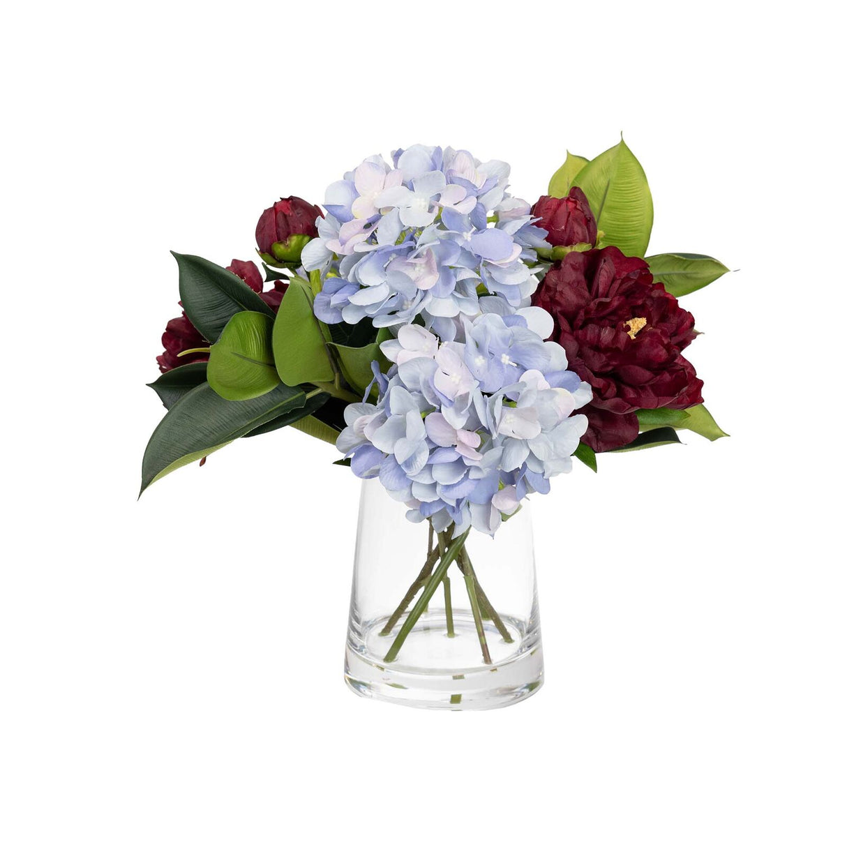 47cm Magnolia & Hydrangea Artificial Arrangement in Glass Vase (Faux Floral Decor)