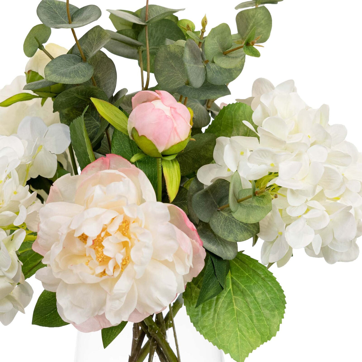 53cm Mixed Hydrangea Artificial Arrangement in Glass Vase (Faux Floral Decor)