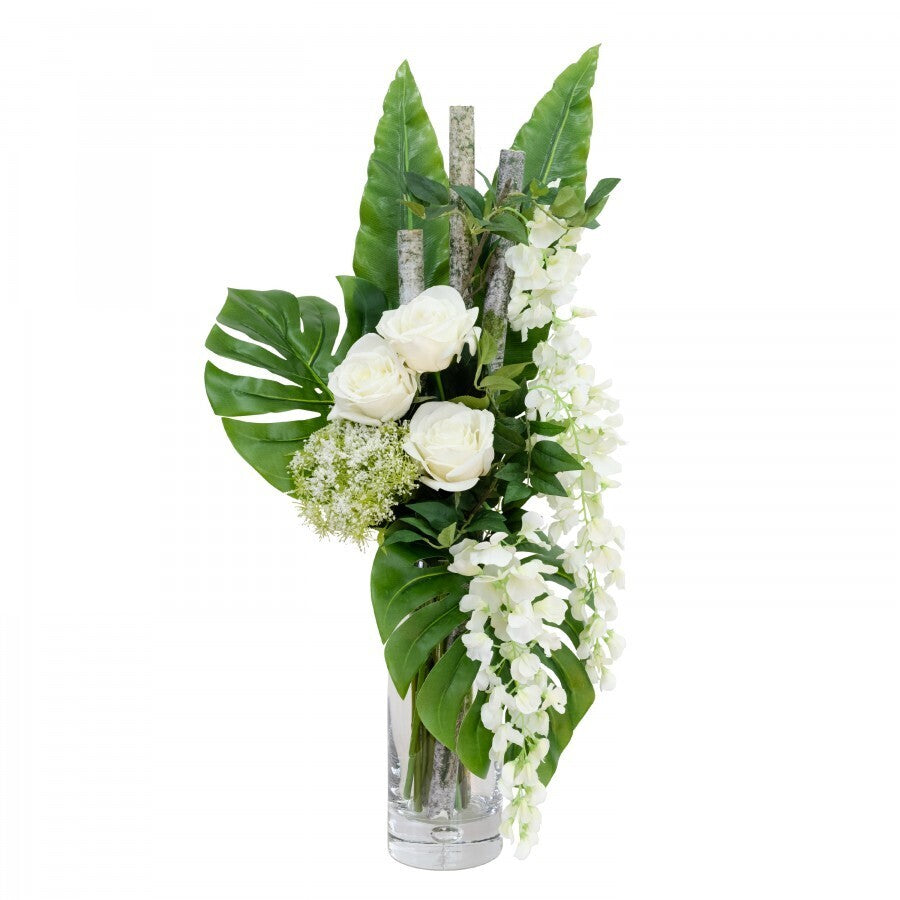 80cm Rose & Wisteria Arrangement in Glass Artificial Flower Plant Faux