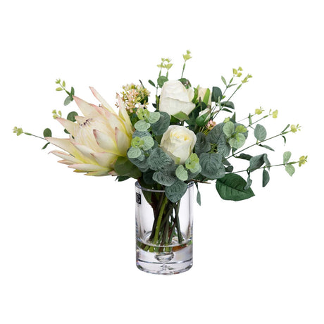 40cm Protea & Rose Mixed Artificial Flower Plant Bunch Arrangement in Glass