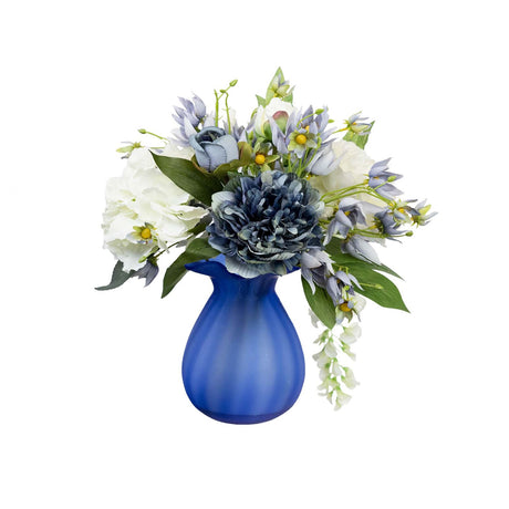 32cm Rose Peony & Wisteria Arrangement in Glass Artificial Flower Plant - Blue
