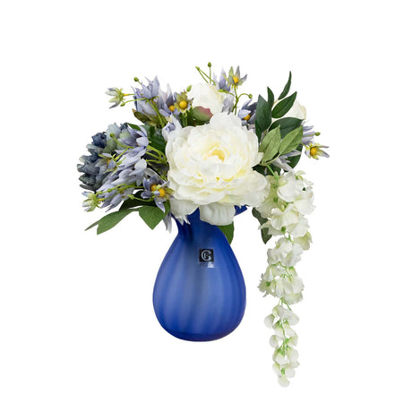 32cm Rose Peony & Wisteria Arrangement in Glass Artificial Flower Plant - Blue