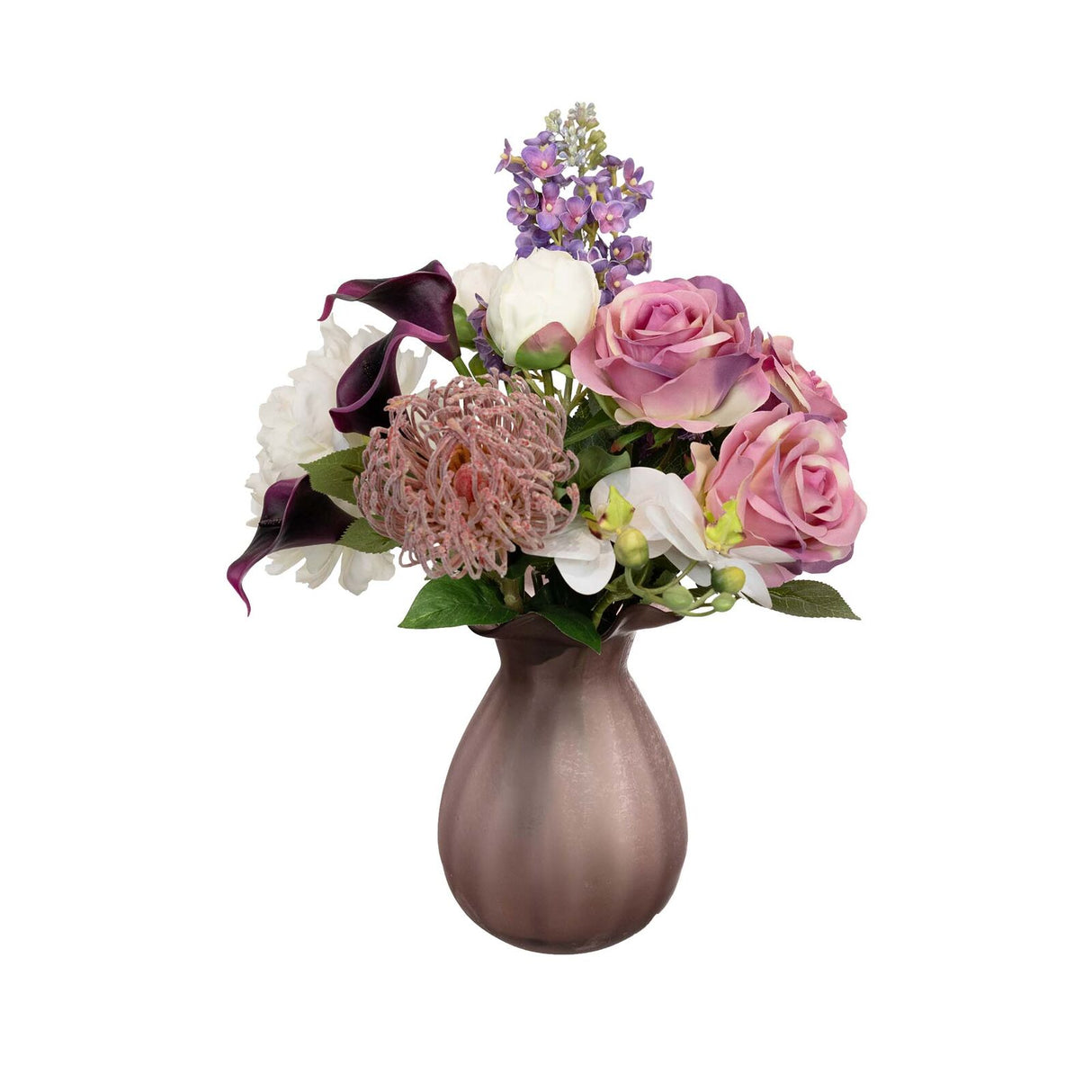 32cm Rose Peony & Wisteria Arrangement in Glass Artificial Flower Plant - Purple