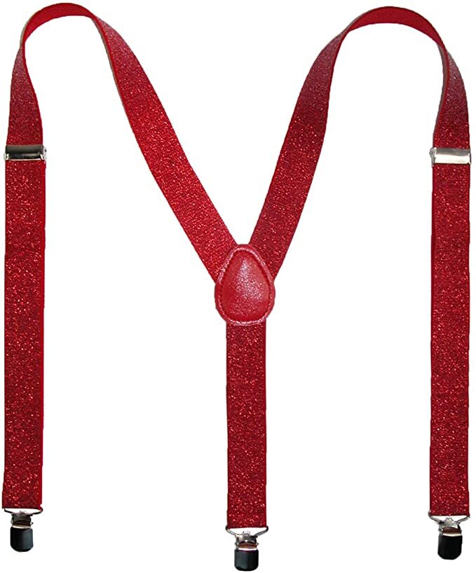 GLITTER SPARKLE SUSPENDERS Braces Clipon Elastic Y-Back Slim Adjustable - Red (Glitter)