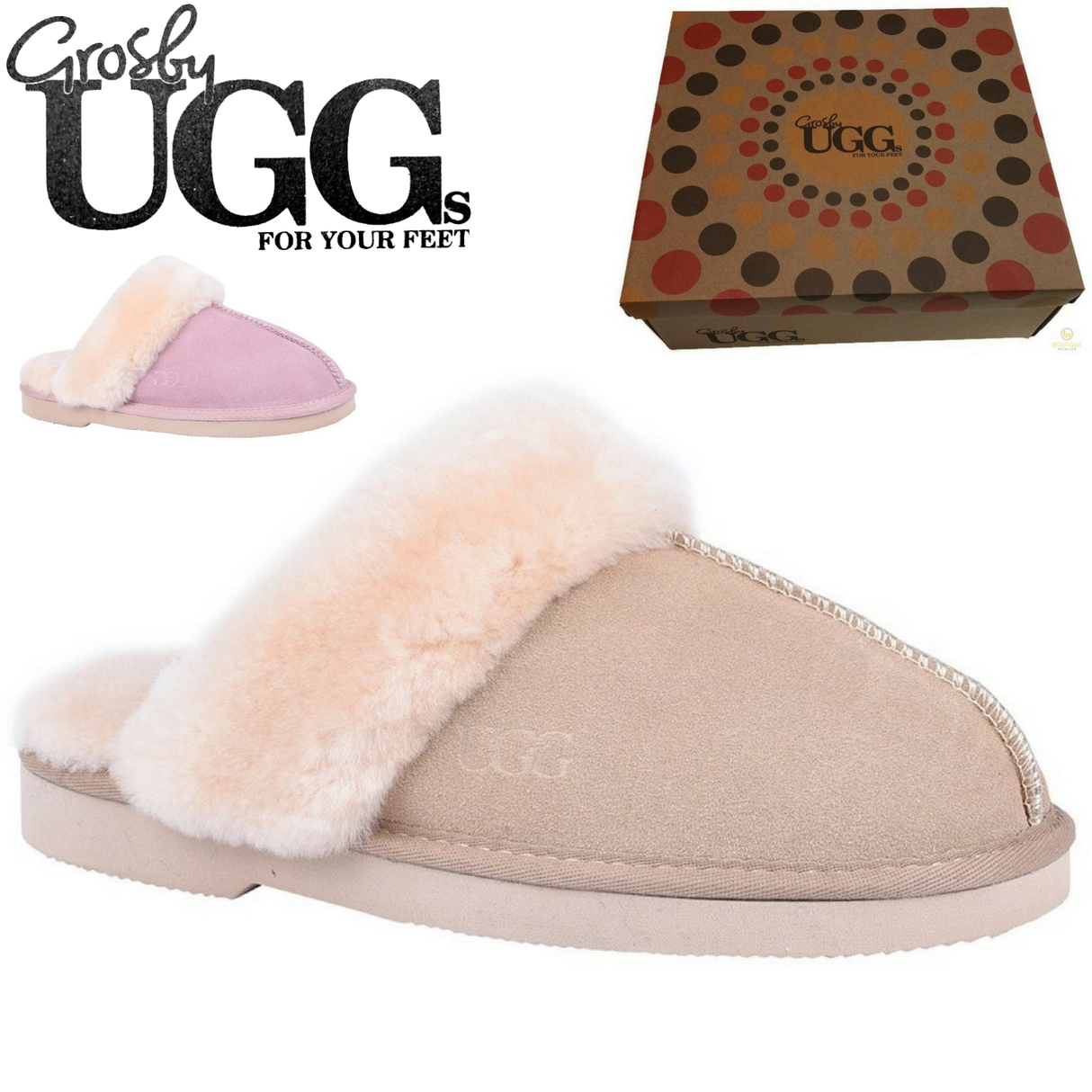 GROSBY Doe Womens Moccasin Sheepskin Slipper UGG Scuff Slip On Moccasins Ladies - Light Pink
