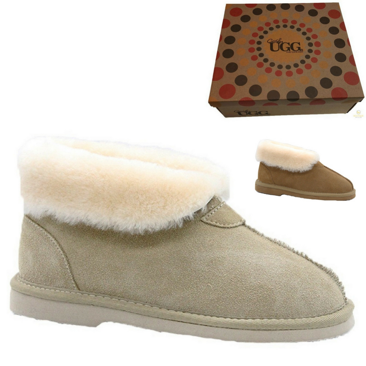 GROSBY Womens Princess UGG Boots Genuine Sheepskin Suede Leather Slippers - Beige