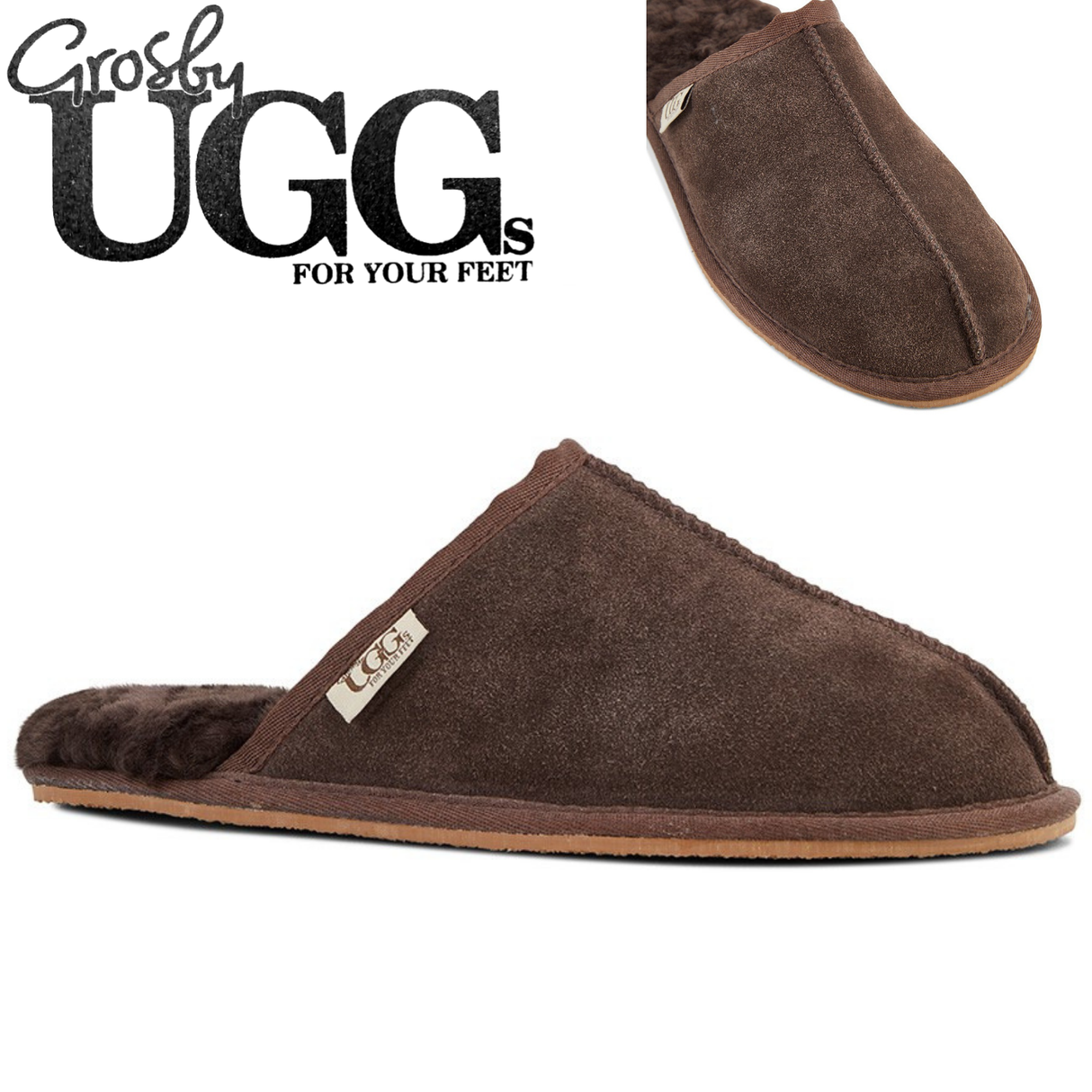 GROSBY Buck UGG Mens Sheepskin Slippers Scuff Slip On Leather Moccasins - Chocolate