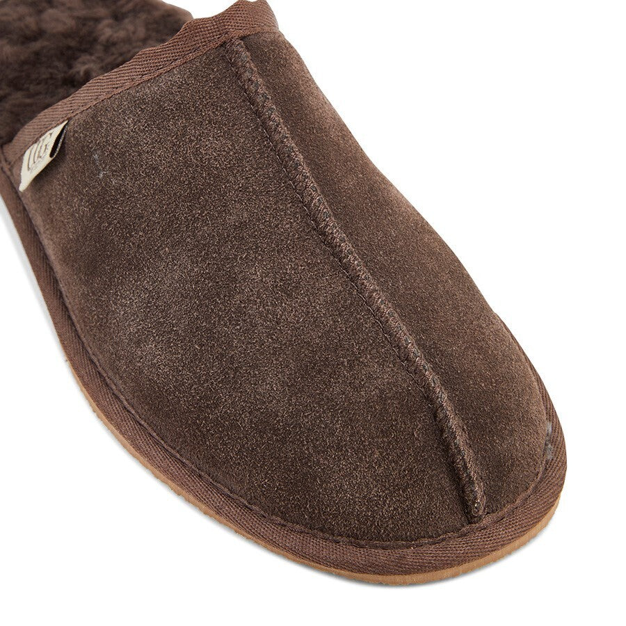 GROSBY Buck UGG Mens Sheepskin Slippers Scuff Slip On Leather Moccasins - Chocolate