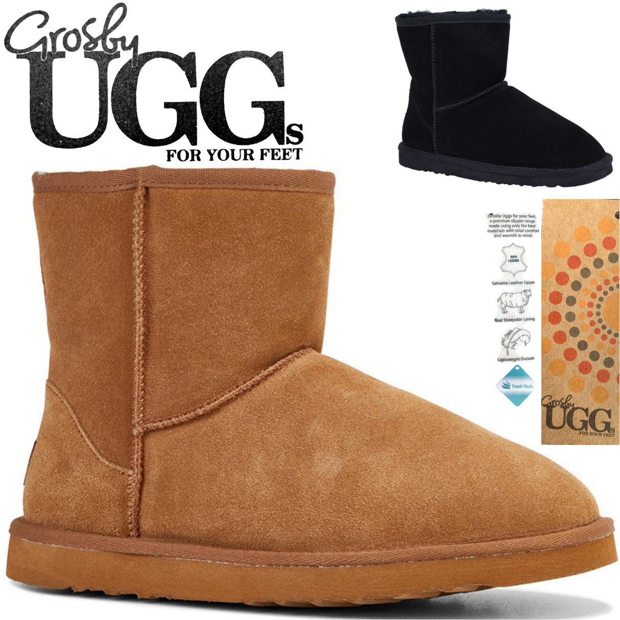 GROSBY Jackaroo Mens UGG Boots Genuine Sheepskin Suede Leather Short Classic - Black