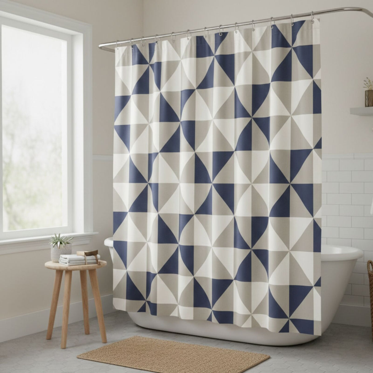 Blue Diamond Printed Polyester Shower Curtain - 180x180cm (Rings Included)