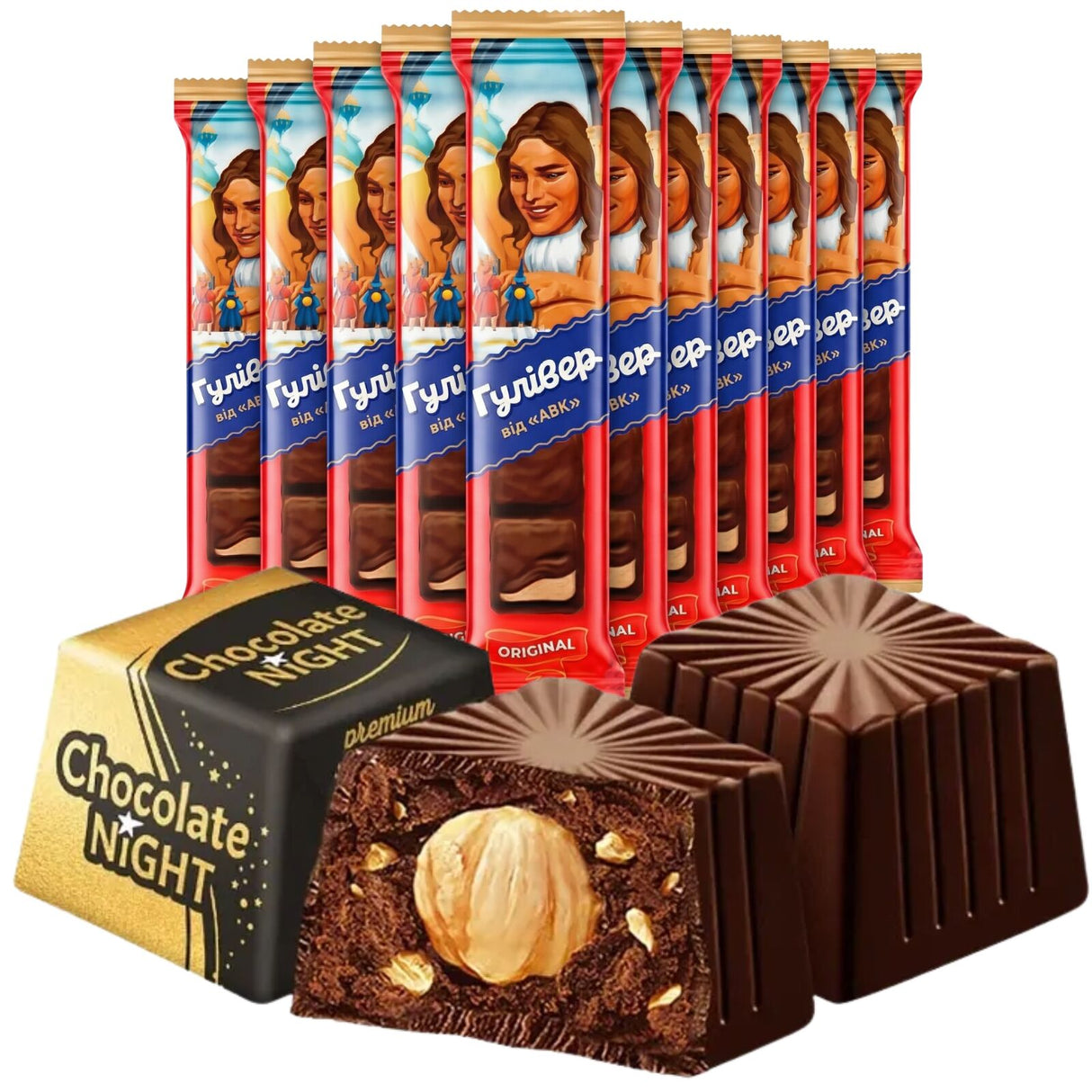 30pcs AVK/Gulliver Ukraine Chocolate Bundle: 10 Gulliver Wafers + 20 Night Hazelnut Pralines Chocolate - Product of Ukraine