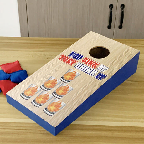 Mini Cornhole Drinking Game Set with 4 Shot Glasses 8 Bean Bags Wooden Toss Board