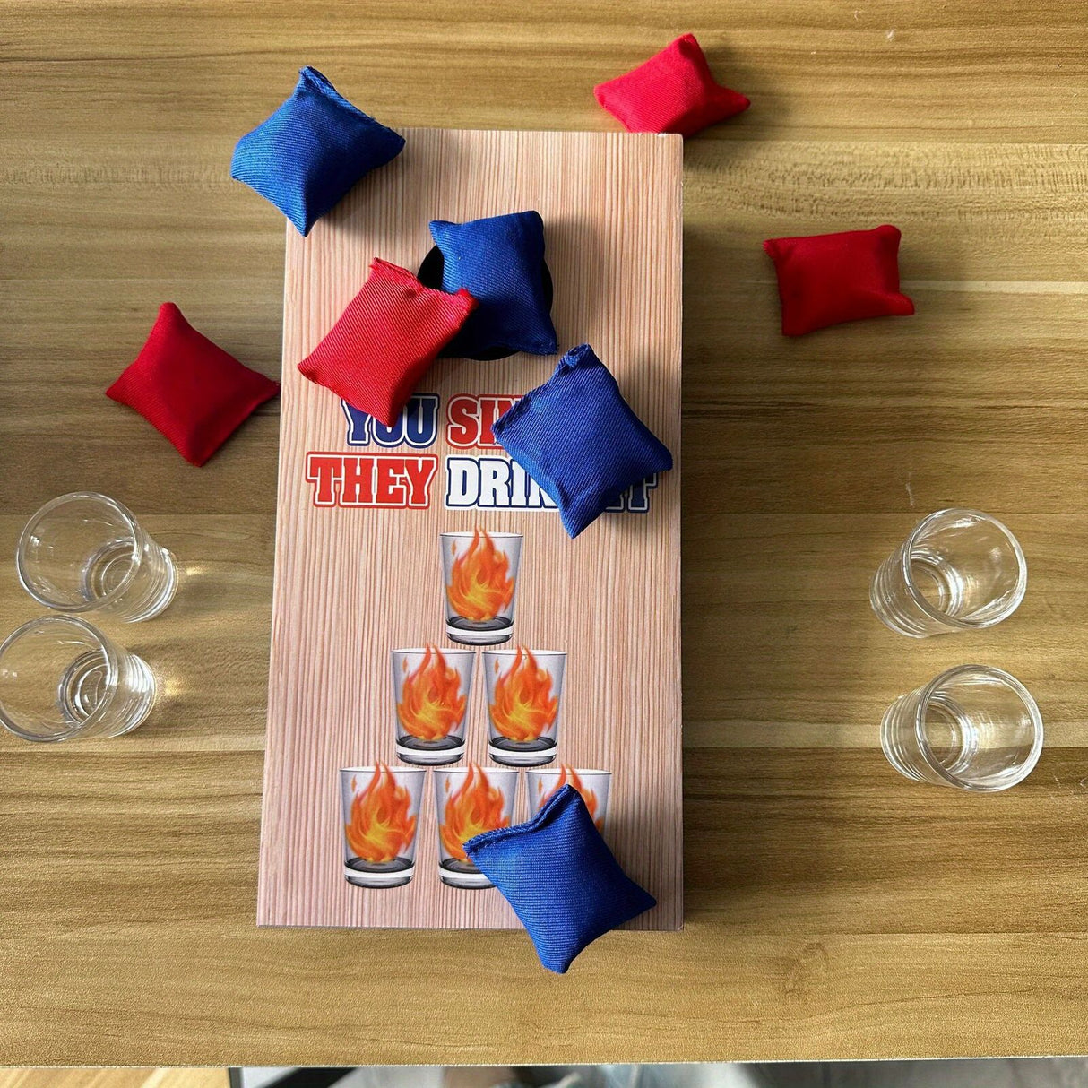 Mini Cornhole Drinking Game Set with 4 Shot Glasses 8 Bean Bags Wooden Toss Board