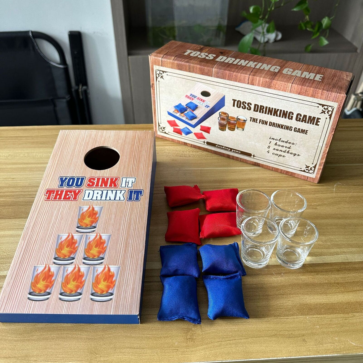 Mini Cornhole Drinking Game Set with 4 Shot Glasses 8 Bean Bags Wooden Toss Board