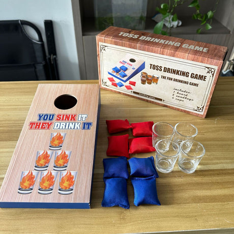 Mini Cornhole Drinking Game Set with 4 Shot Glasses 8 Bean Bags Wooden Toss Board