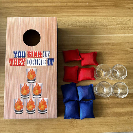 Mini Cornhole Drinking Game Set with 4 Shot Glasses 8 Bean Bags Wooden Toss Board