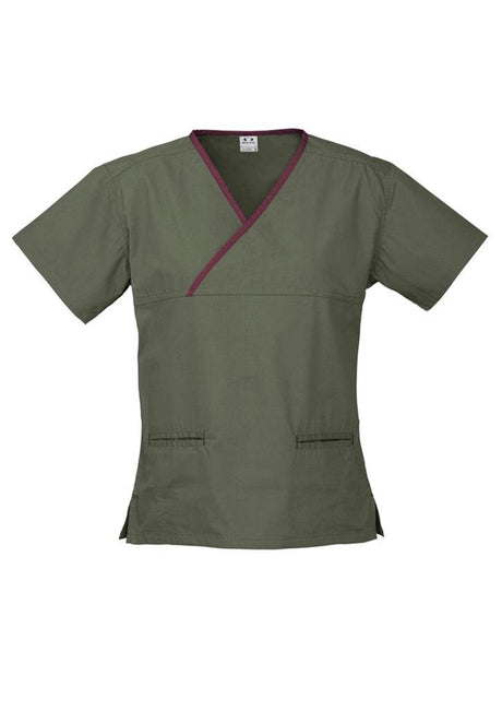 Contrast Womens V-Neck Scrubs Top Ladies Hospital Dentist Nurse Uniform - Sage/Maroon