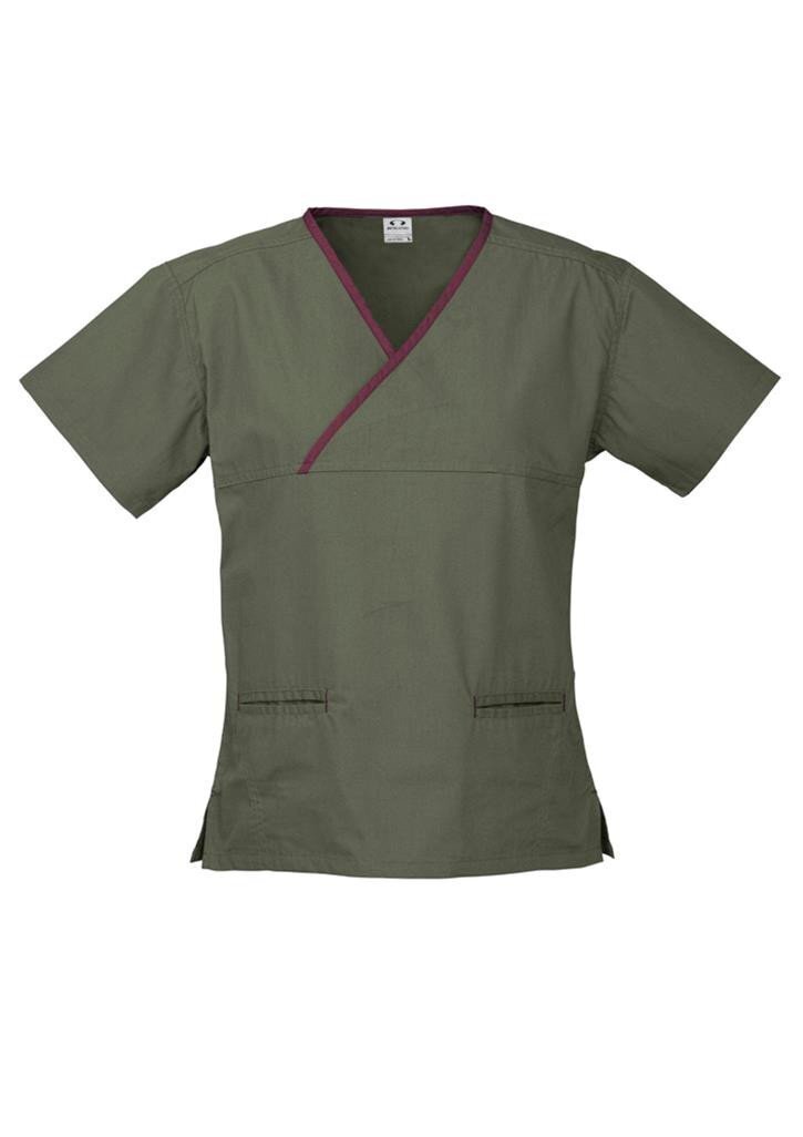 Contrast Womens V-Neck Scrubs Top Ladies Hospital Dentist Nurse Uniform - Sage/Maroon