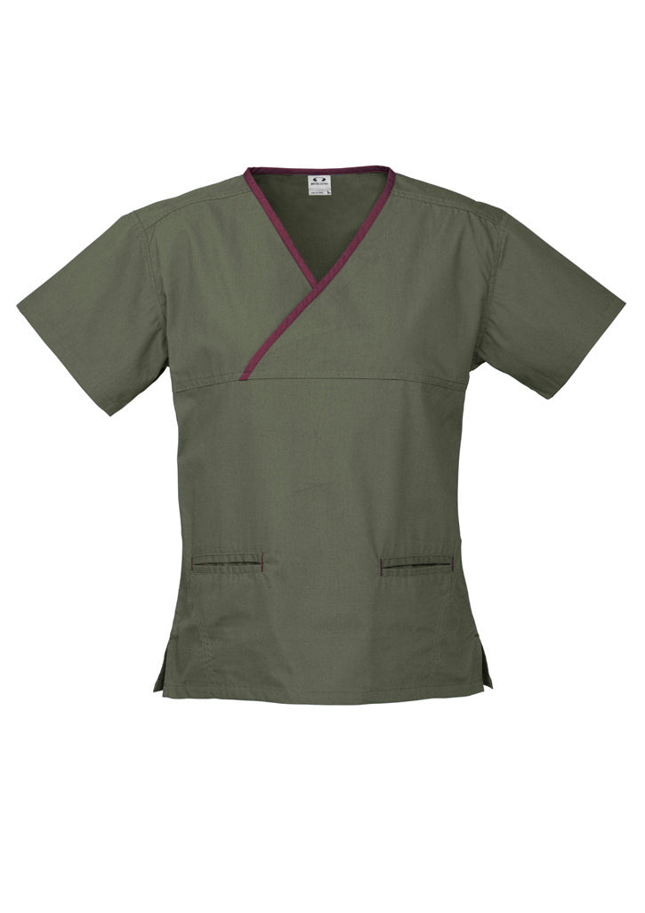 Contrast Womens V-Neck Scrubs Top Ladies Hospital Dentist Nurse Uniform - Sage/Maroon