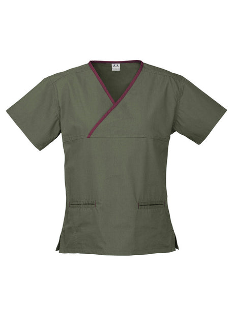 Contrast Womens V-Neck Scrubs Top Ladies Hospital Dentist Nurse Uniform - Sage/Maroon