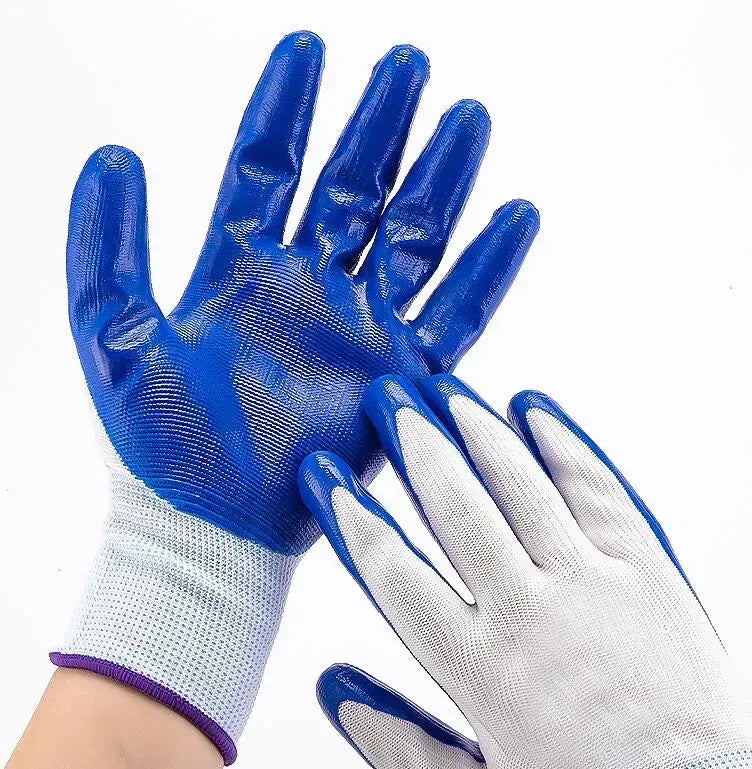 12x Disposable Nitrile Gloves - Rubber Coated Safety Work Gloves (Bulk) - White/Blue