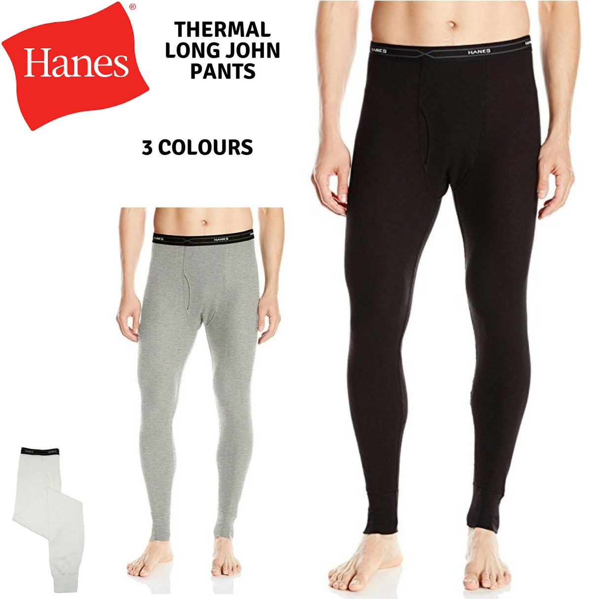HANES Men's Thermal Cotton Long Johns Ankle Length Pants Underwear Bottoms - Black