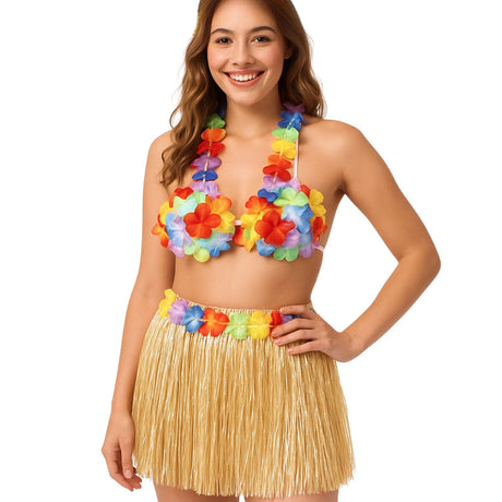 3pcs Hawaiian Costume Hula Skirt 40cm + Flower Lei + Bikini Top Fancy Dress Luau Party Set