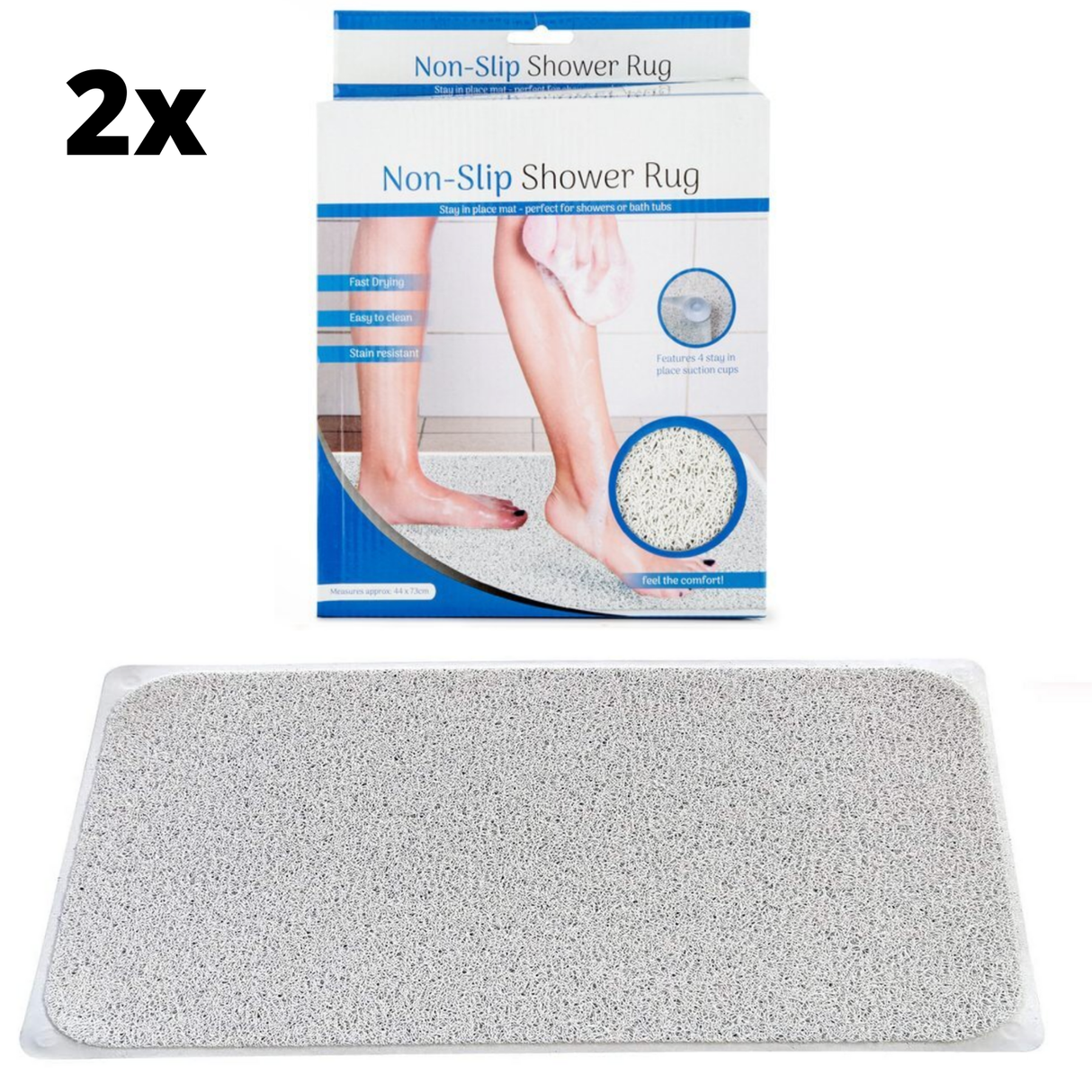 2x Anti Slip Loofah Shower Rug - Non Slip Carpet Bath Mat - Grey