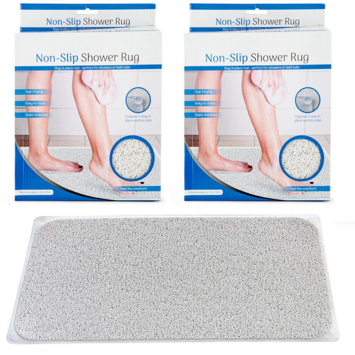 2x Anti Slip Loofah Shower Rug - Non Slip Carpet Bath Mat - Grey